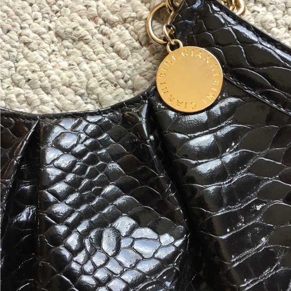 Gianni Bini Black Patent Croc-Embossed Shoulder Bag with Gold Accents - Picture 5 of 7